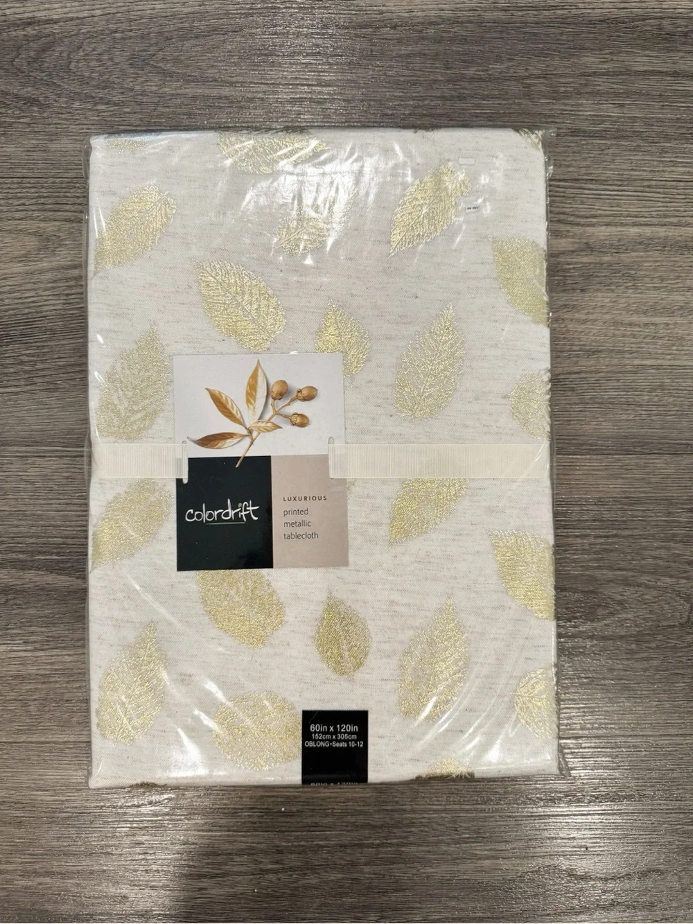 Colordrift Metallic Leaf Oblong 60 in X 120 in Tablecloth Cream and Gold